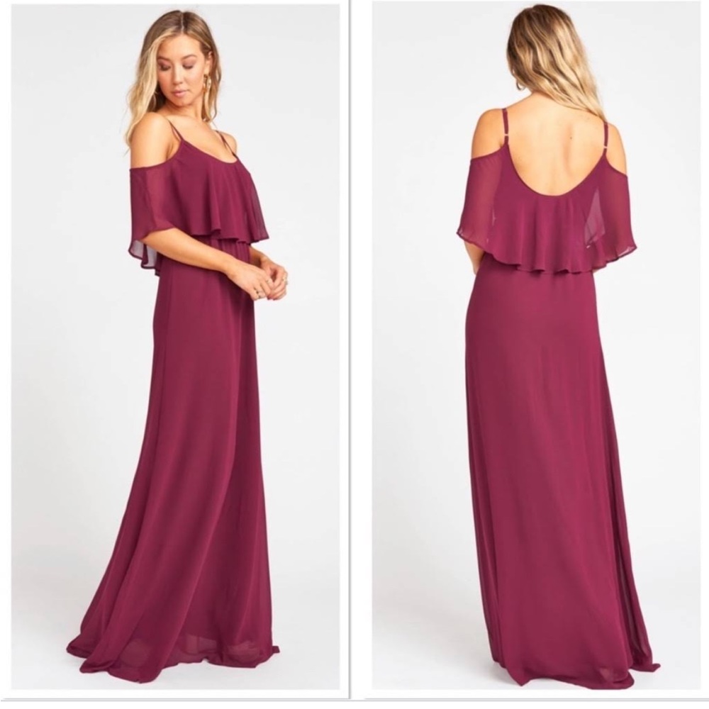 Show Me Your Mumu Caitlin Ruffle Maxi Dress in Merlot Chiffon